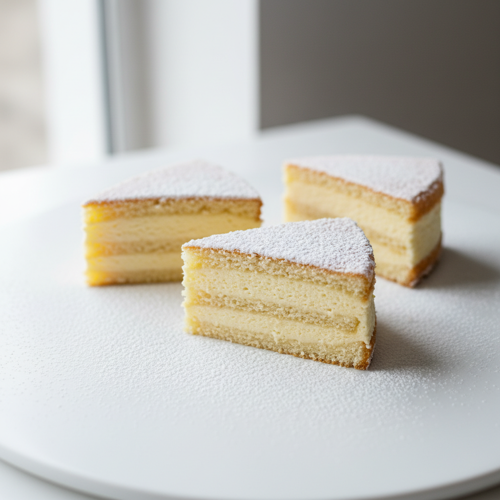 3 porzioni di Käse-Sahne-Torte con zucchero a velo