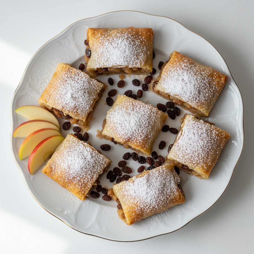 6 pezzi di Apfelstrudel su piattino con decorazioni