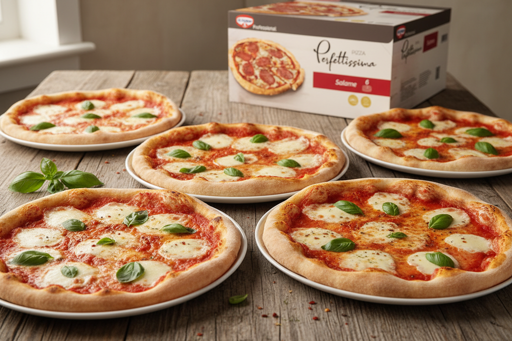 6 Pizze Margherita con Cartone sullo Sfondo