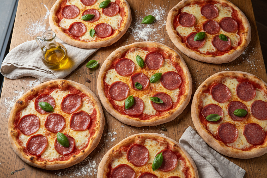 6 Pizze Salame su Tavola di Legno