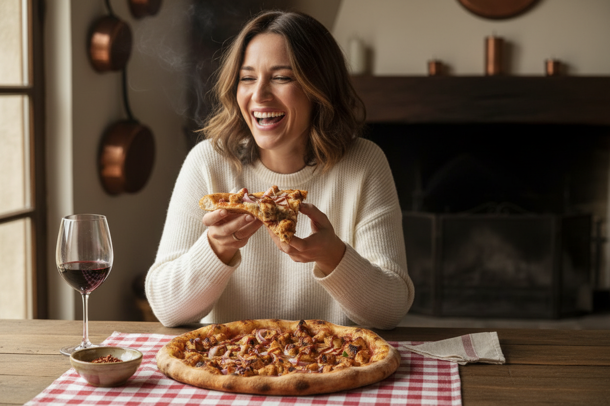 Adulto che mangia Pizza BBQ Chicken