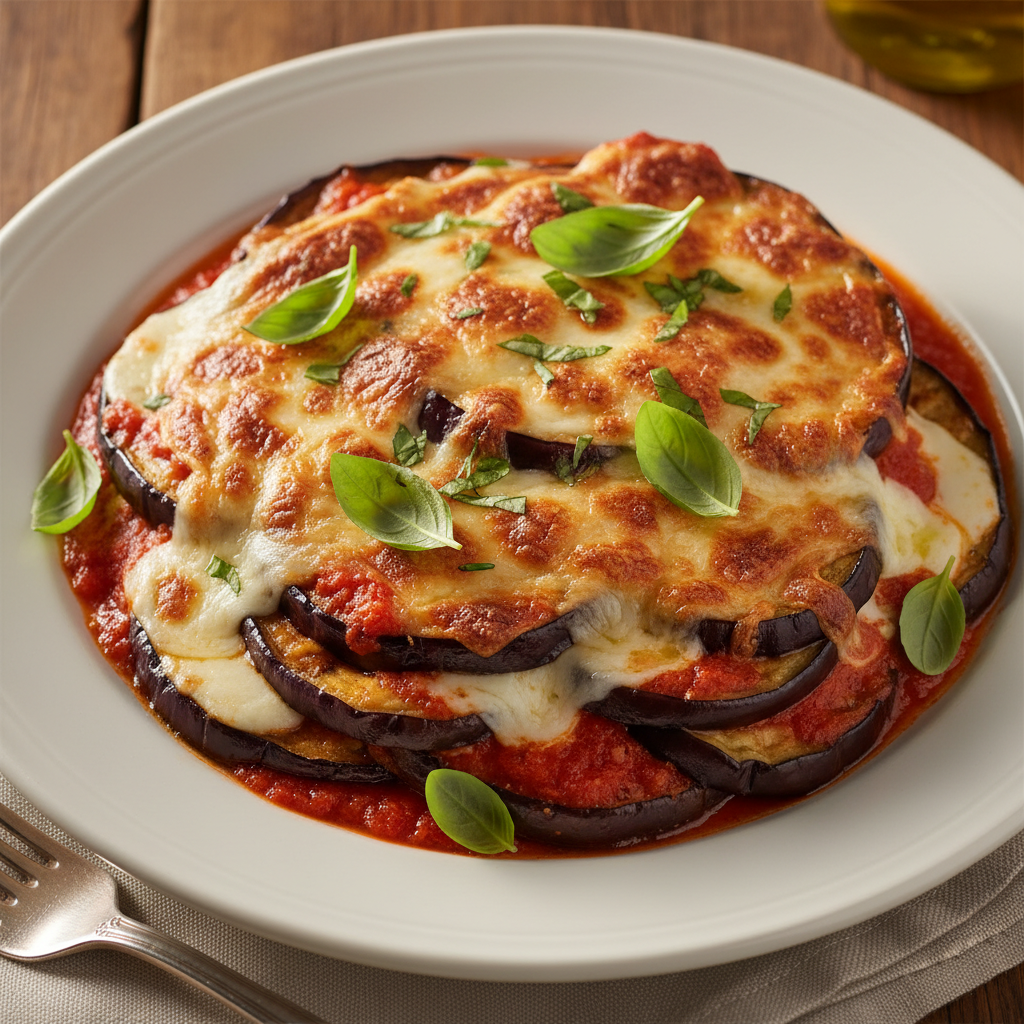 Auberginen-Parmigiana auf Teller angerichtet