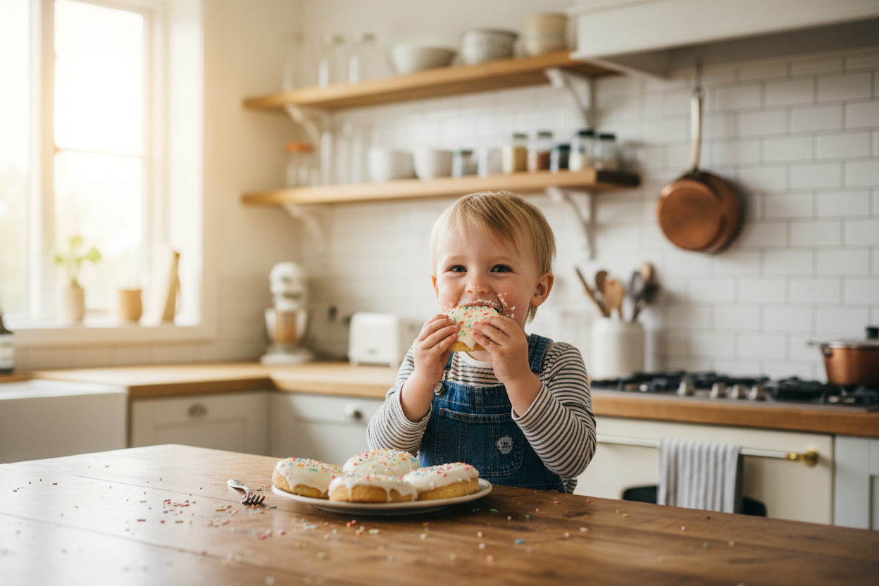 Bambino che mangia party cake
