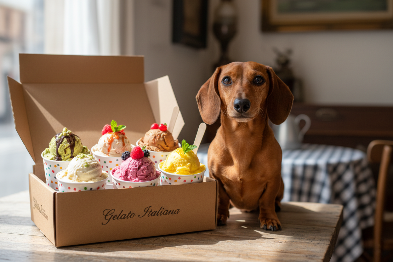 Bassotto con coppette di gelato