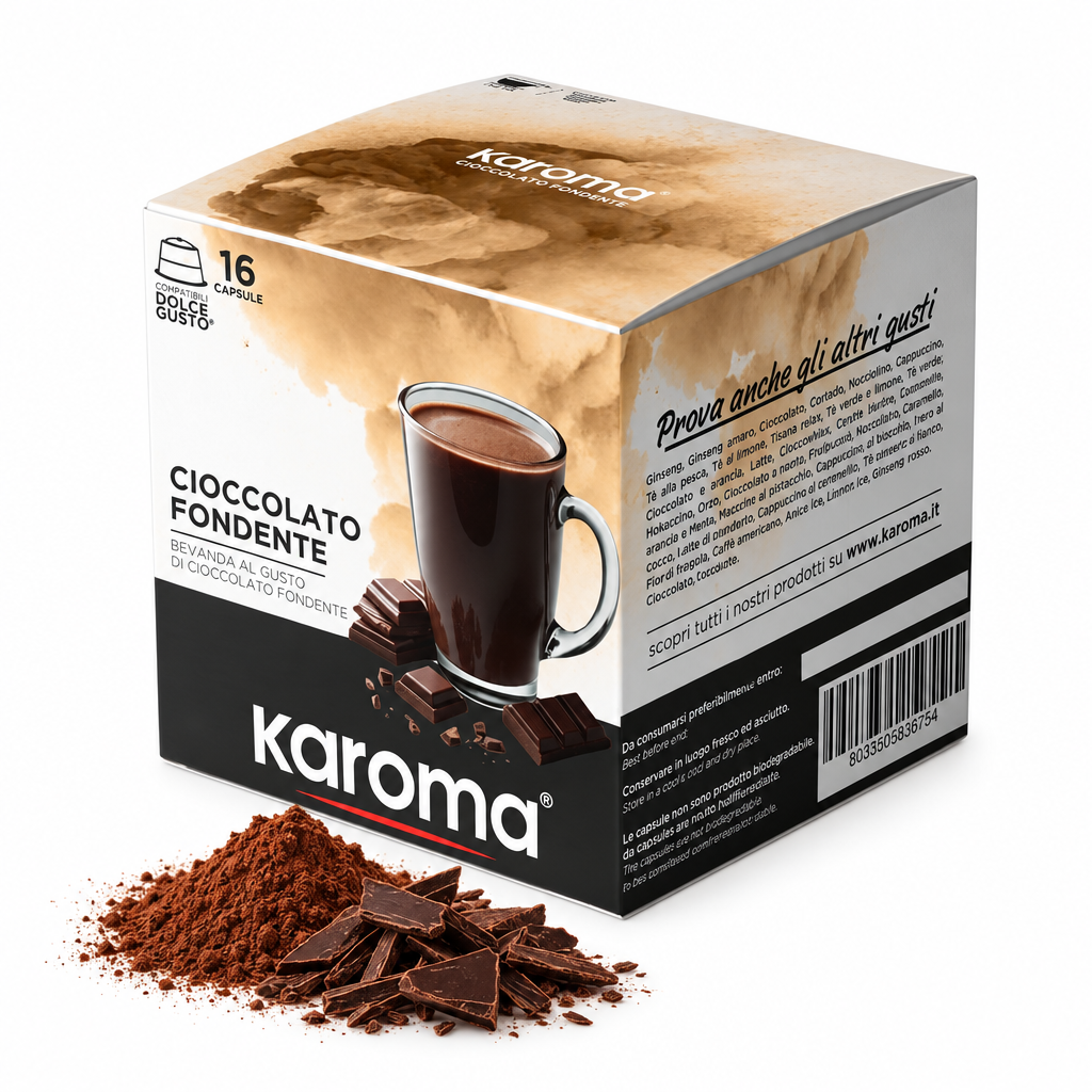 Confezione Karoma con cacao in polvere e scaglie di cioccolato alla base