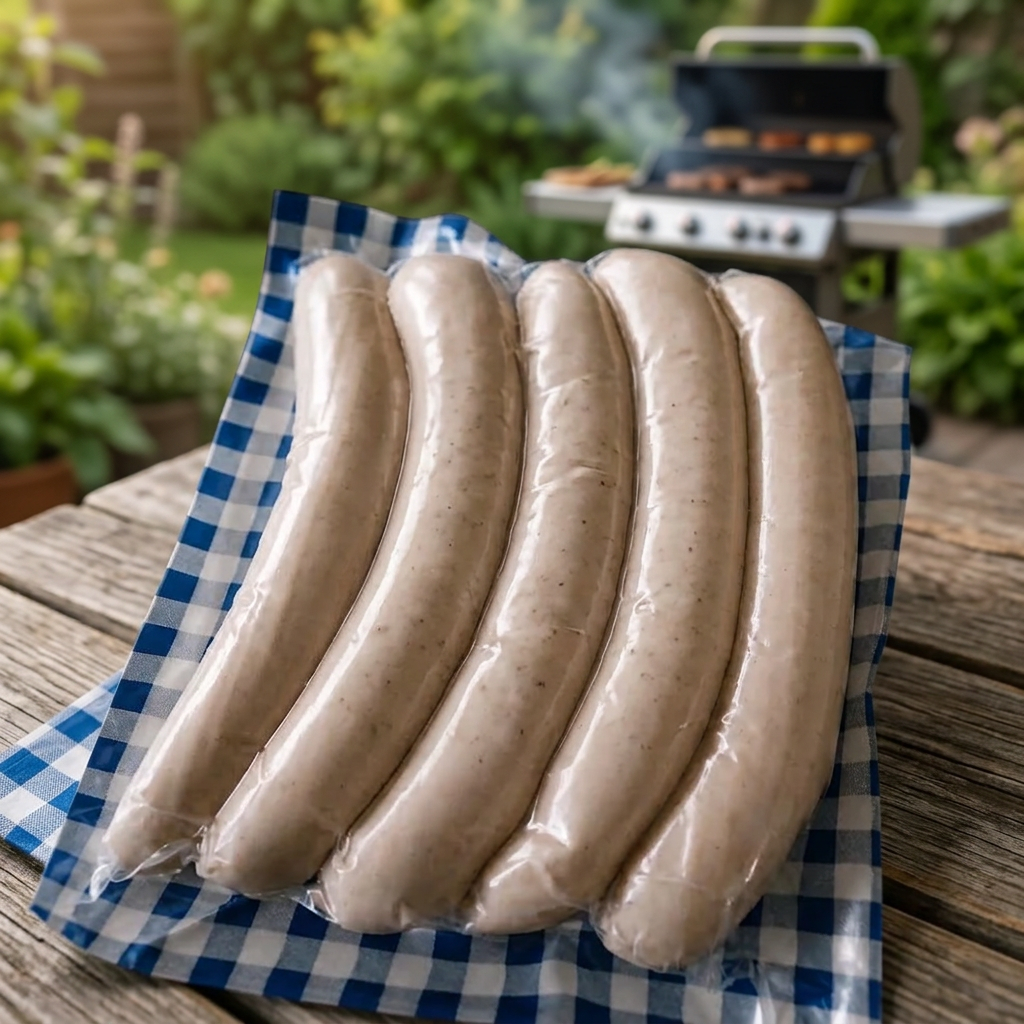 Confezione trasparente senza etichetta con grill sullo sfondo