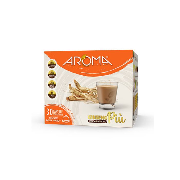 30 AROMA Capsule di Caffè GinsengPiù Senza Lattosio Aroma Light Compatibili Dolce Gusto