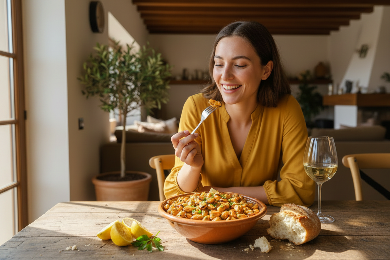 Donna al tavolo con cozze senza guscio