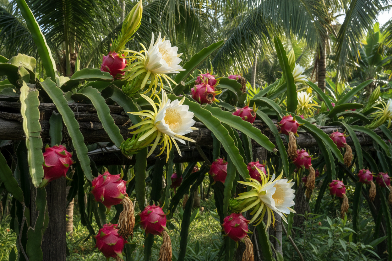 Drachenfrucht in natura con fiori