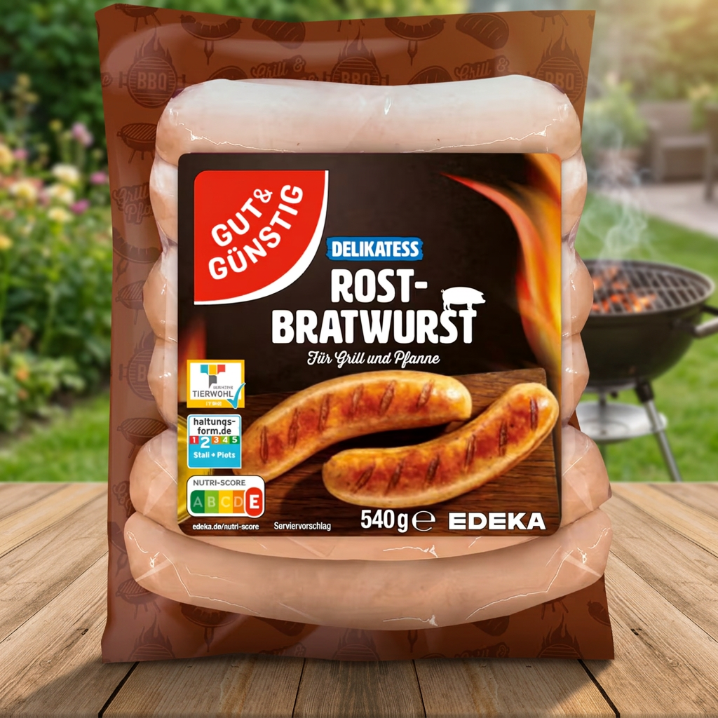 G&G Rostbratwurst con sfondo giardino e barbecue