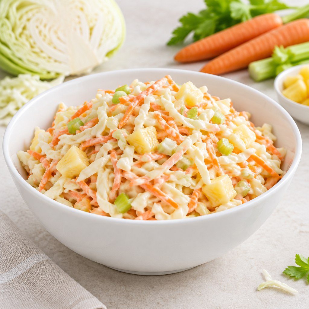 Pomberg Farmersalat mit Karotten, Weißkohl, Sellerie und Ananas, angerichtet in einer Schüssel