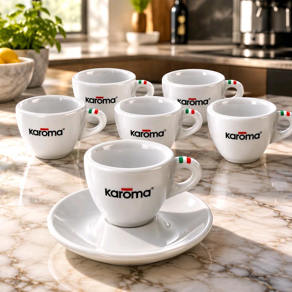 Karoma Kaffeetassen hoch, 6 Stück, inklusive Untertassen