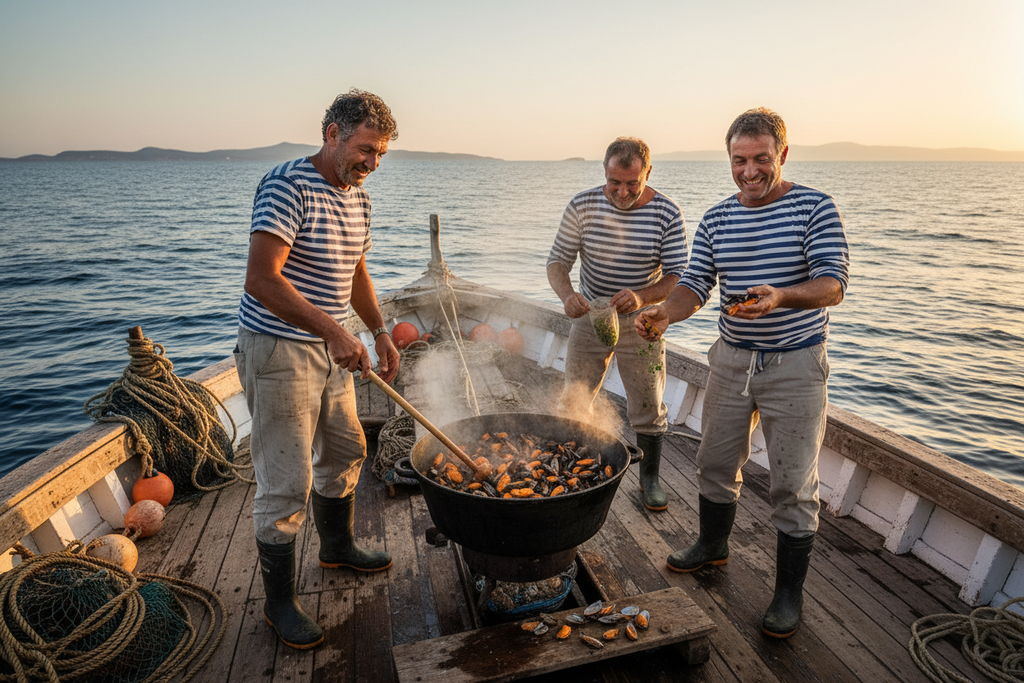 Pescatori cucinano cozze in barca
