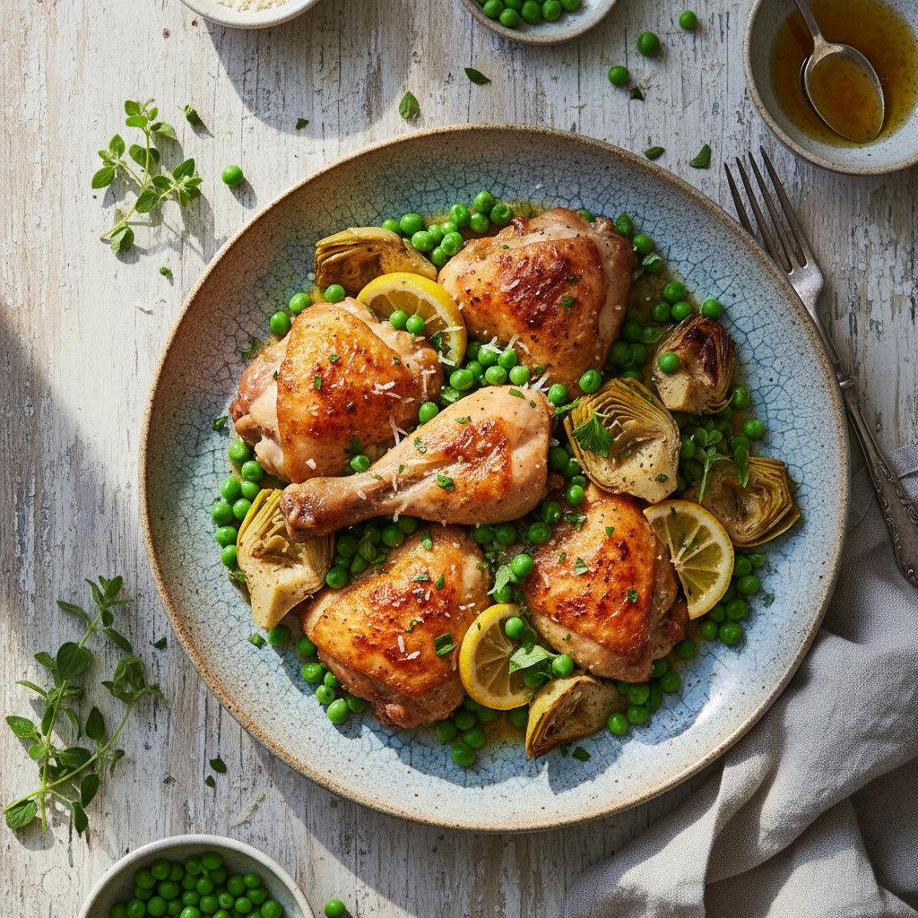 Pollo ai carciofini e piselli