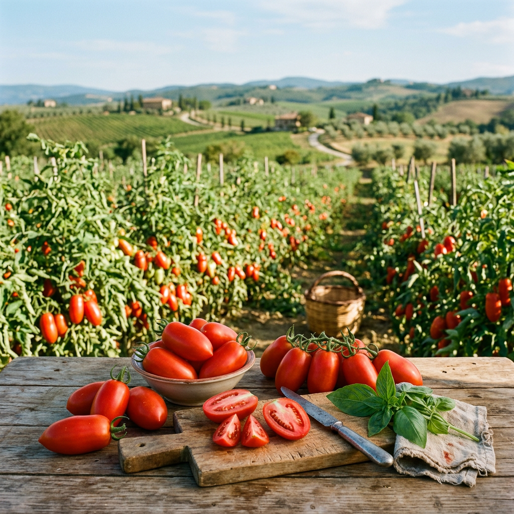 Pomodori allungati in un campo soleggiato