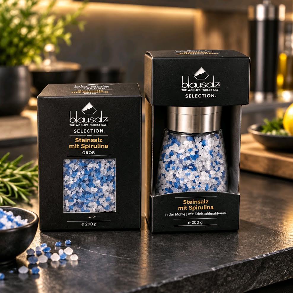 Blausalz Steinsalz mit Spirulina grob 500 g + 200 g in der Mühle