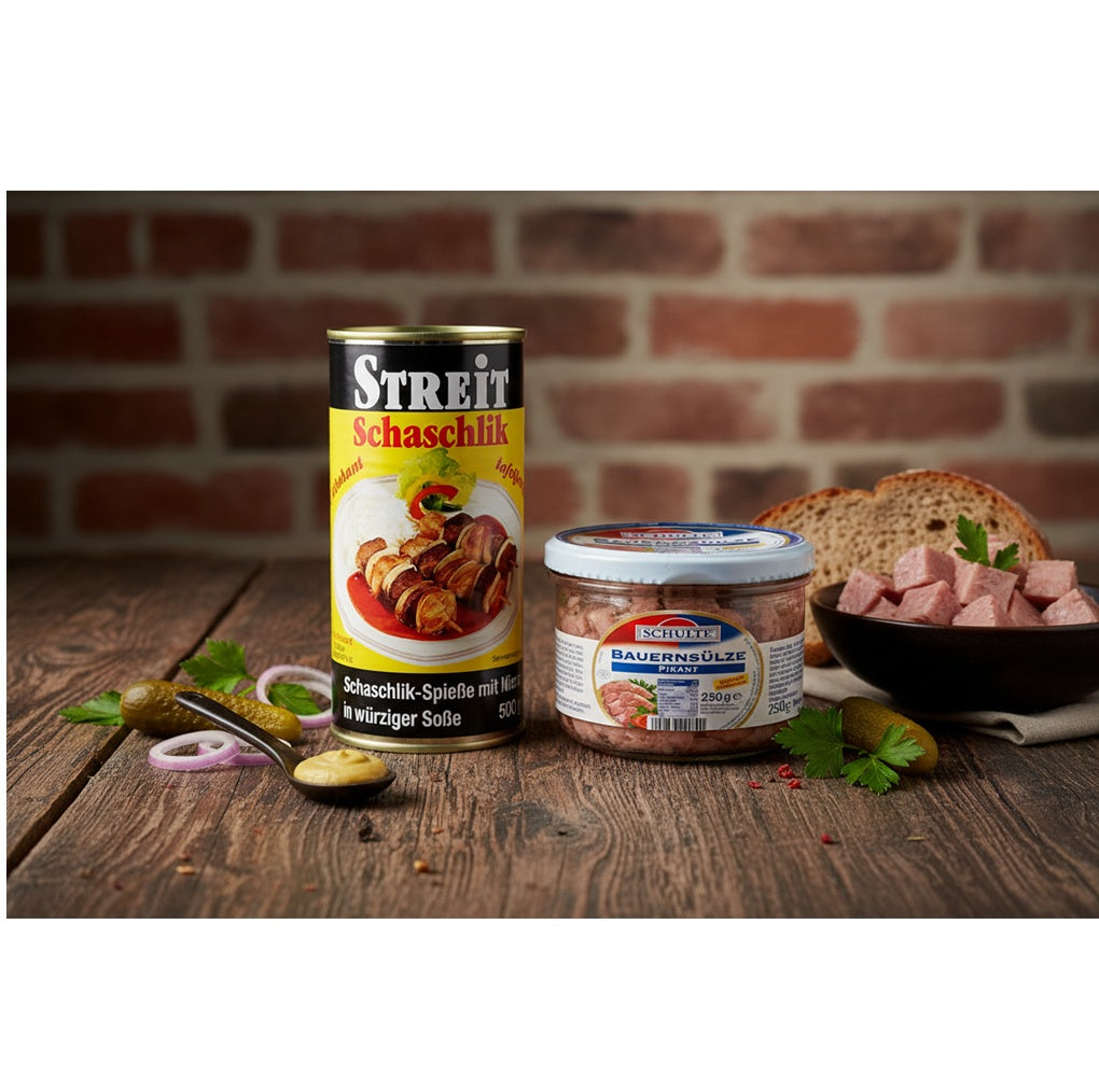Deutsches Duo Pikant – Schulte Bauernsülze 2×250g + Streit Schaschlik-Spieße 2×500g