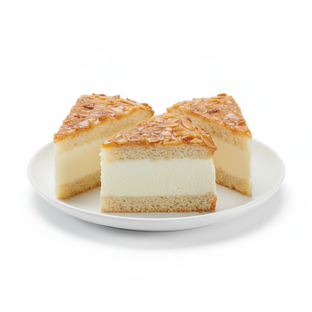 Tre fette di cheesecake con mandorle