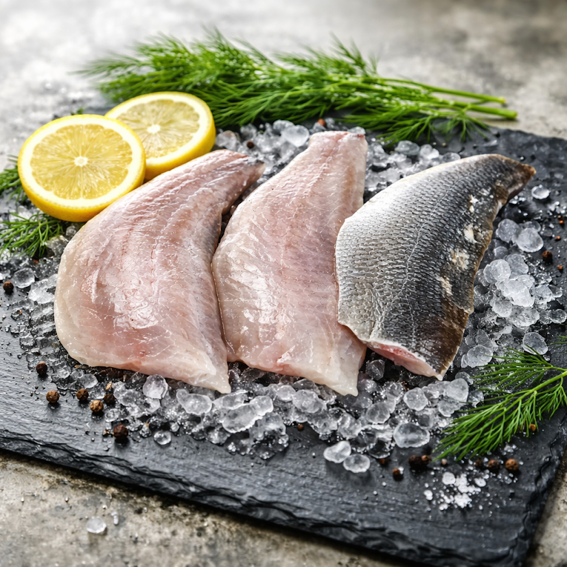 Wolfsbarschfilet mit Haut 120 - 150 g - Branzino IQF Tiefgefroren 1 kg.